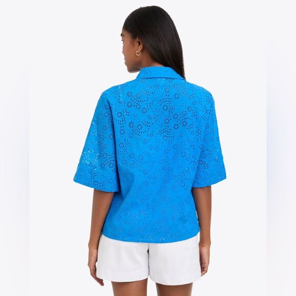 NWT Draper James Evelyn Short Sleeve Button Front Top in Eyelet Royal Blue - Picture 2 of 8